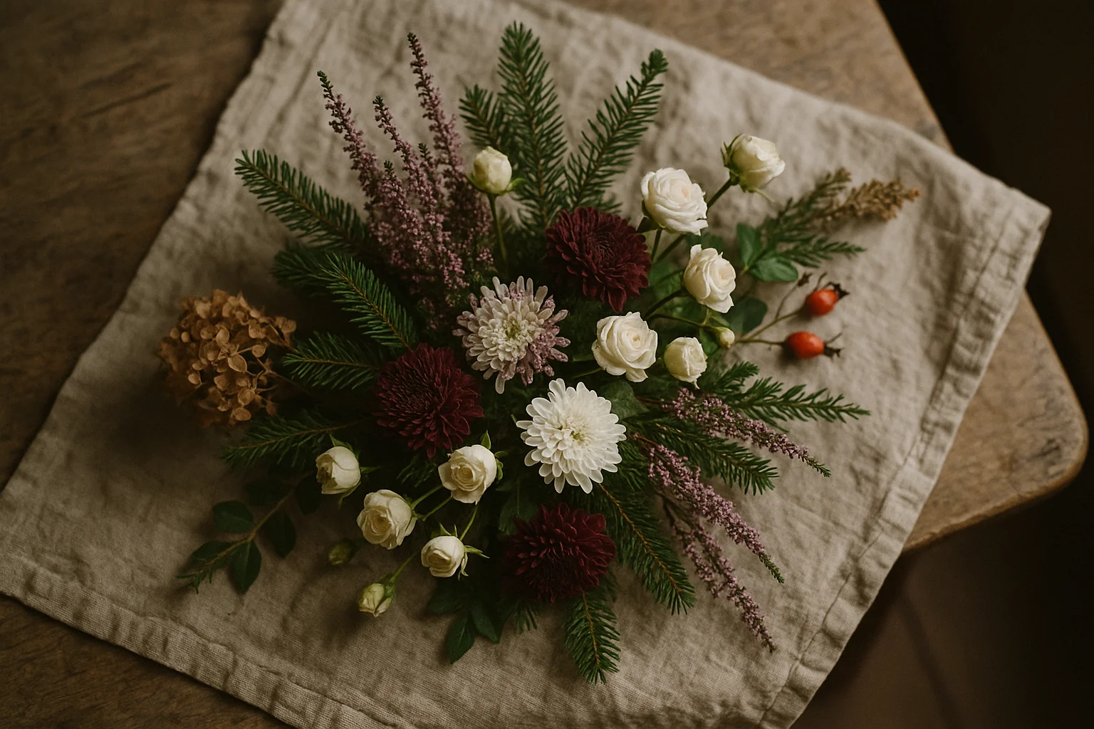 Herbststrauss mit Chrysanthemen, Erika und Hagebutten