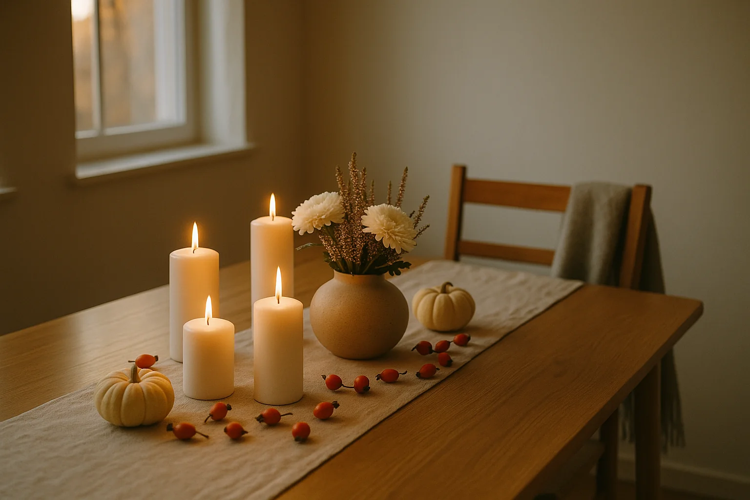 Esstisch mit weissen Kerzen, Herbststrauss und Leinentischläufer zu Allerheiligen