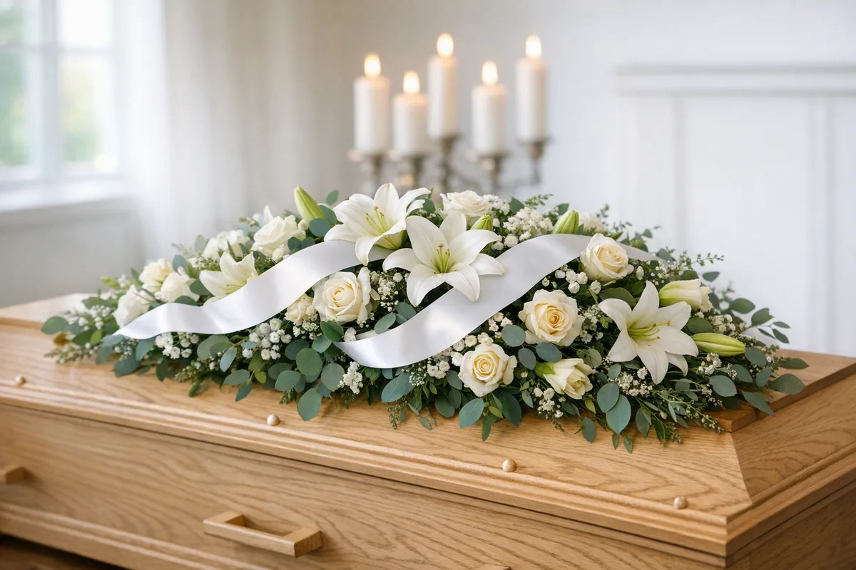 Sarggesteck mit weissen Lilien und Rosen auf dem Sarg