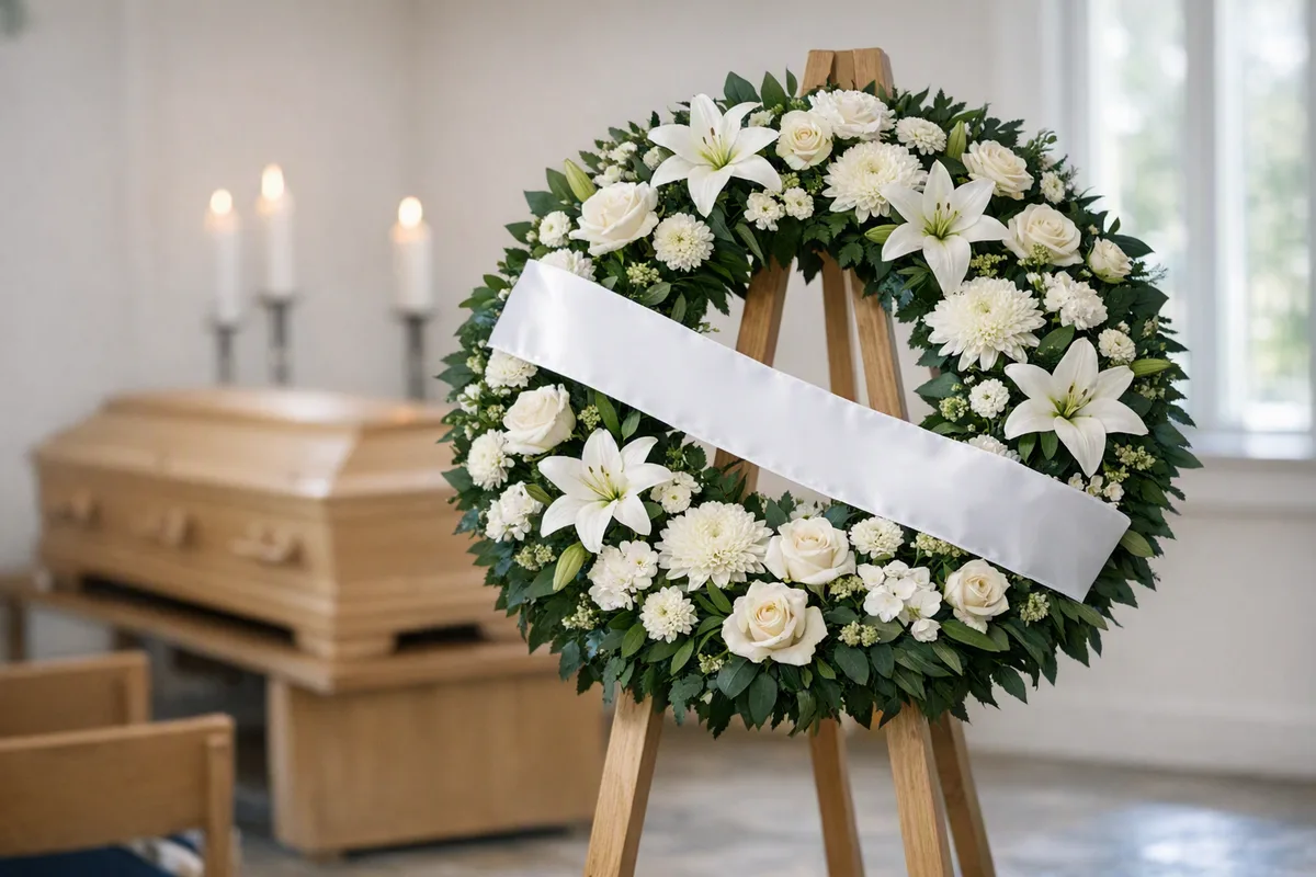 Trauerkranz mit weissen Lilien und Rosen auf Ständer mit Trauerschleife